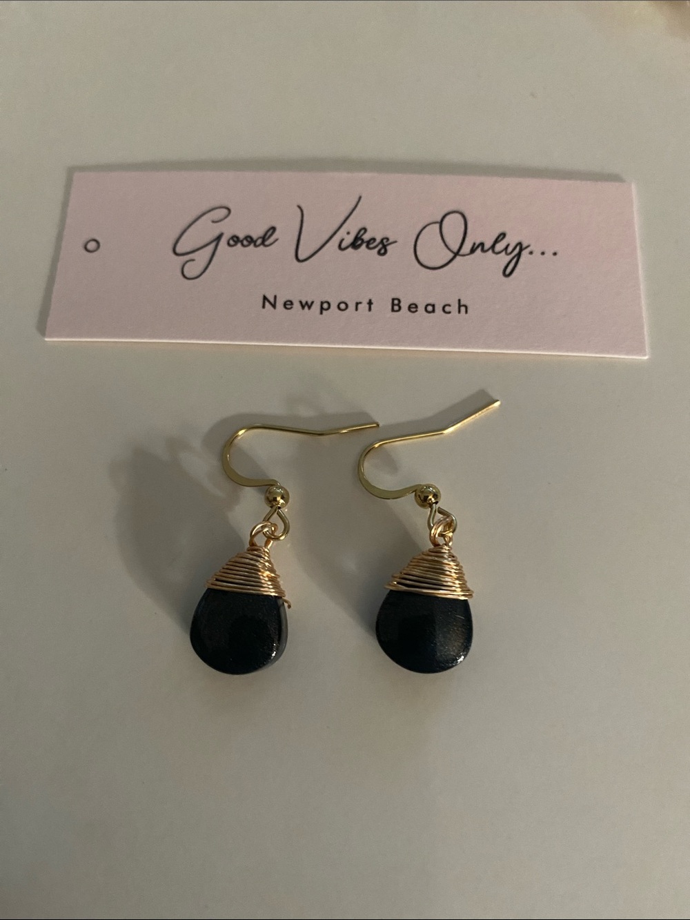 Good Vibes 😎 Only Blue Black Teardrop Wire-Wrap Earrings